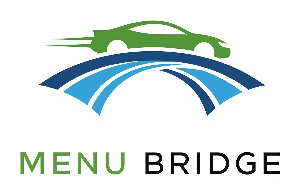 Menu Bridge logo created by Brad Lawhorne: a green car driving across blue bridge arcs above the MENU BRIDGE wordmark